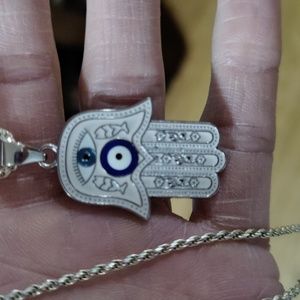 Evil eye Hamsa Hand sterling silver necklace 30 inch necklace white and silver